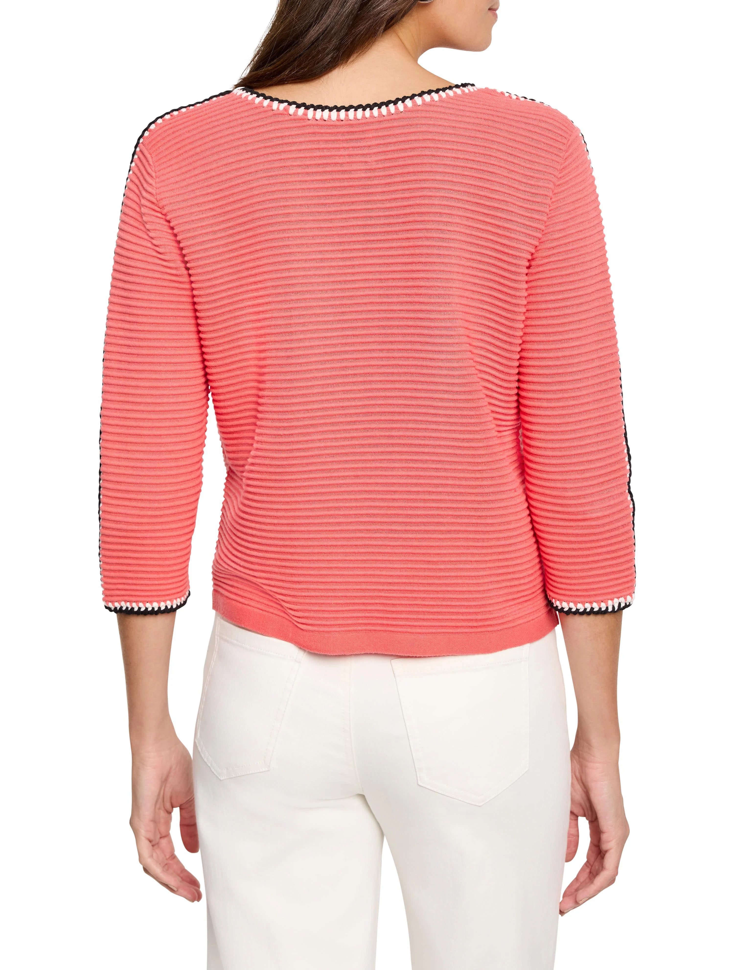 Coral ribbed sweater, 3/4 sleeves.  Neckline and sleeve hems have black and white trim.