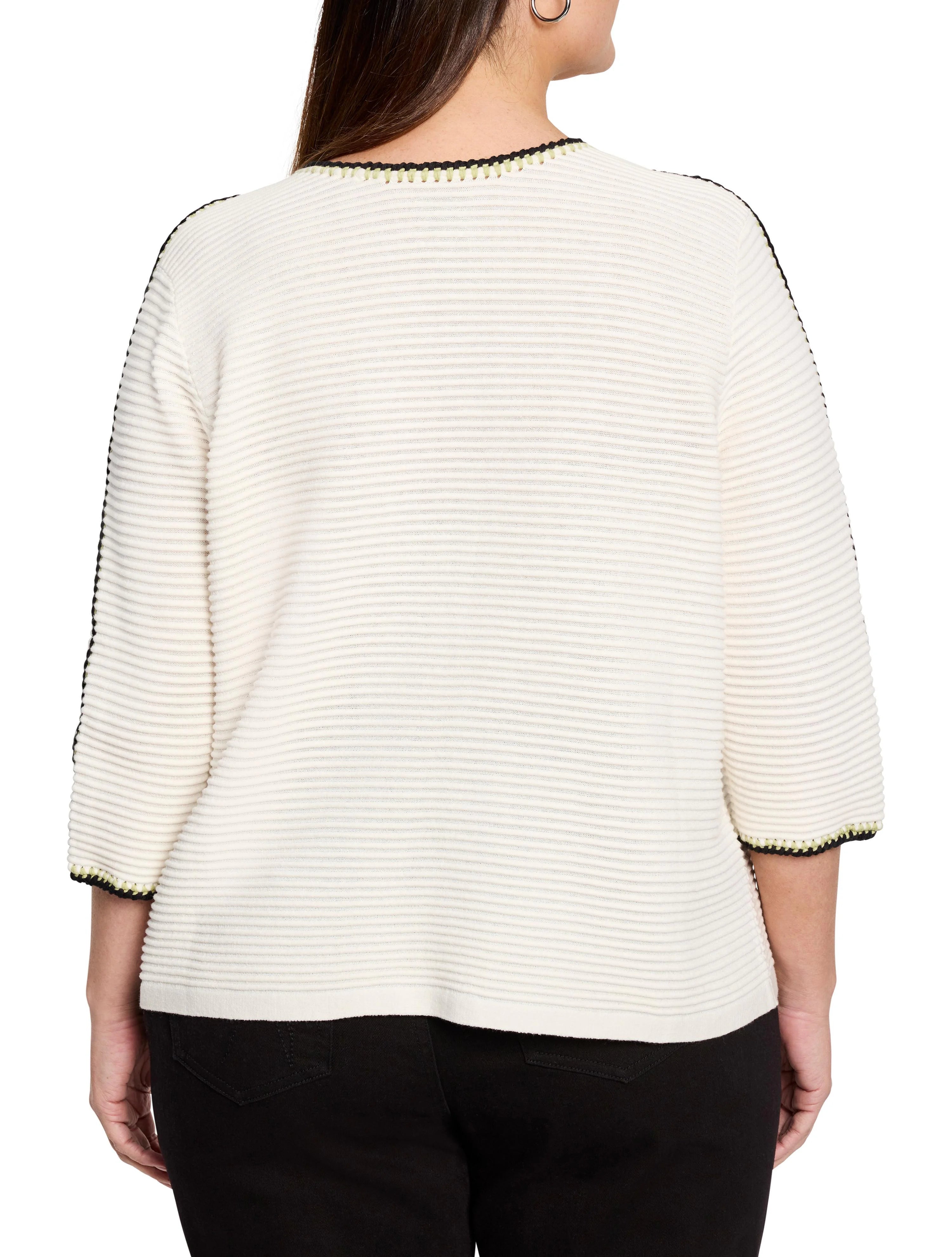 Off-white ribbed sweater with black and light green trim at neckline and sleeves.  Three-quarter sleeves.
