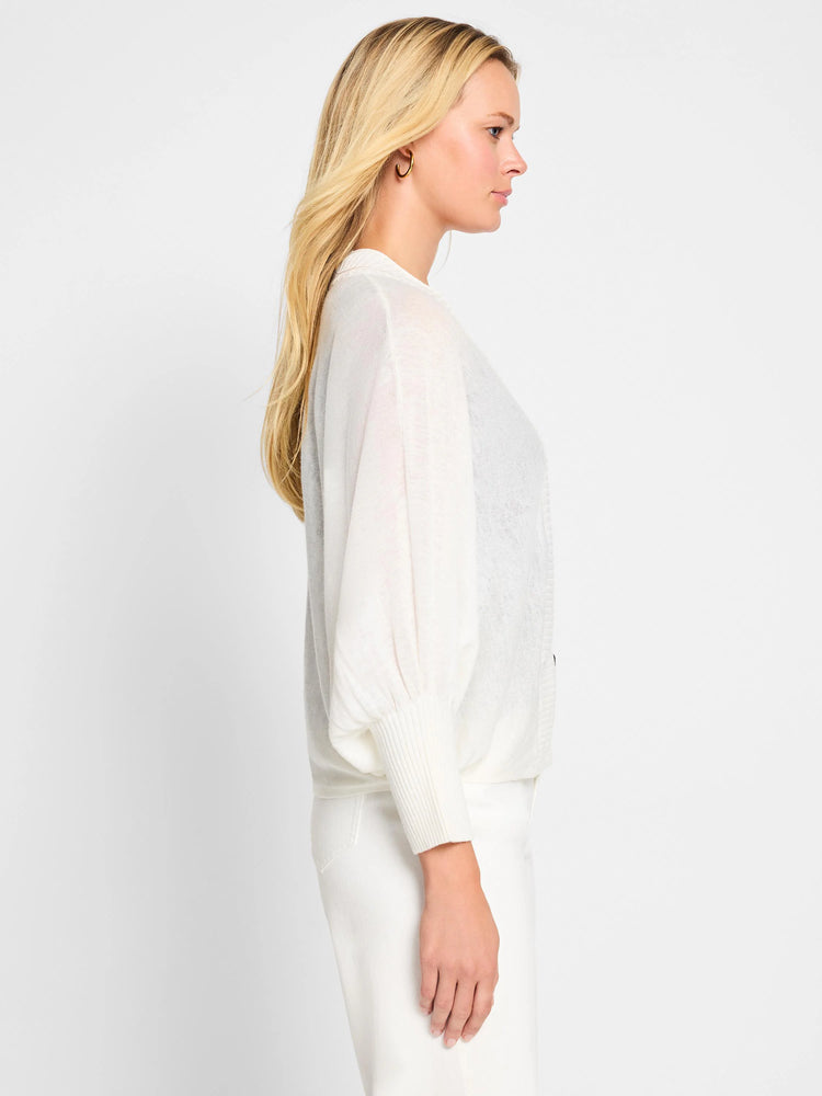 Off-white ramie cardigan, three-quarter sleeves, slightly puffed. Button front.