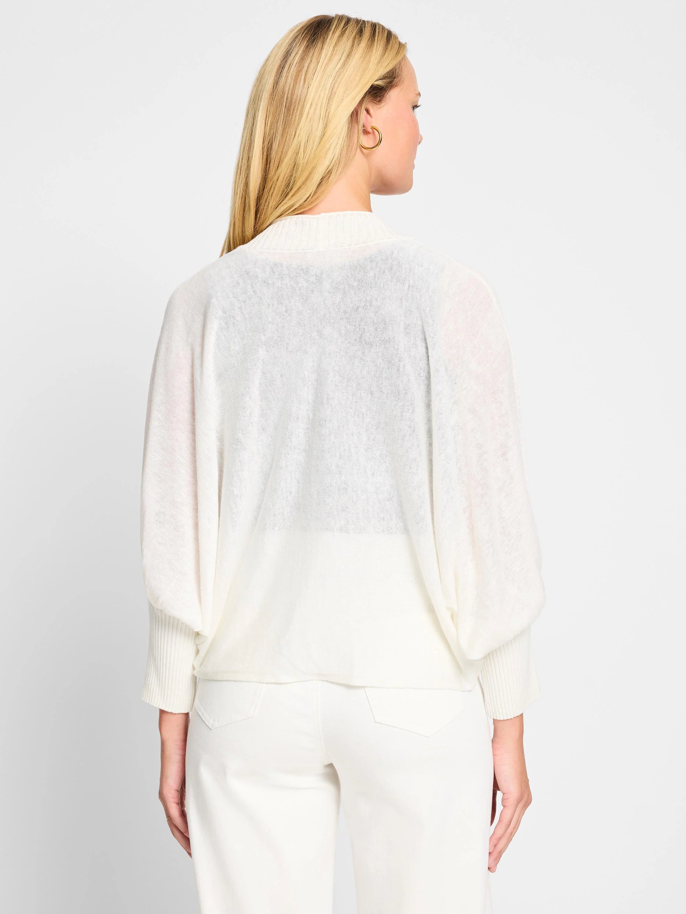 Off-white ramie cardigan,  loose fit, 3/4 sleeves with ribbed cuffs, shown from the back.