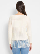 Off-white, open-knit long-sleeve sweater with fringe bottom.
