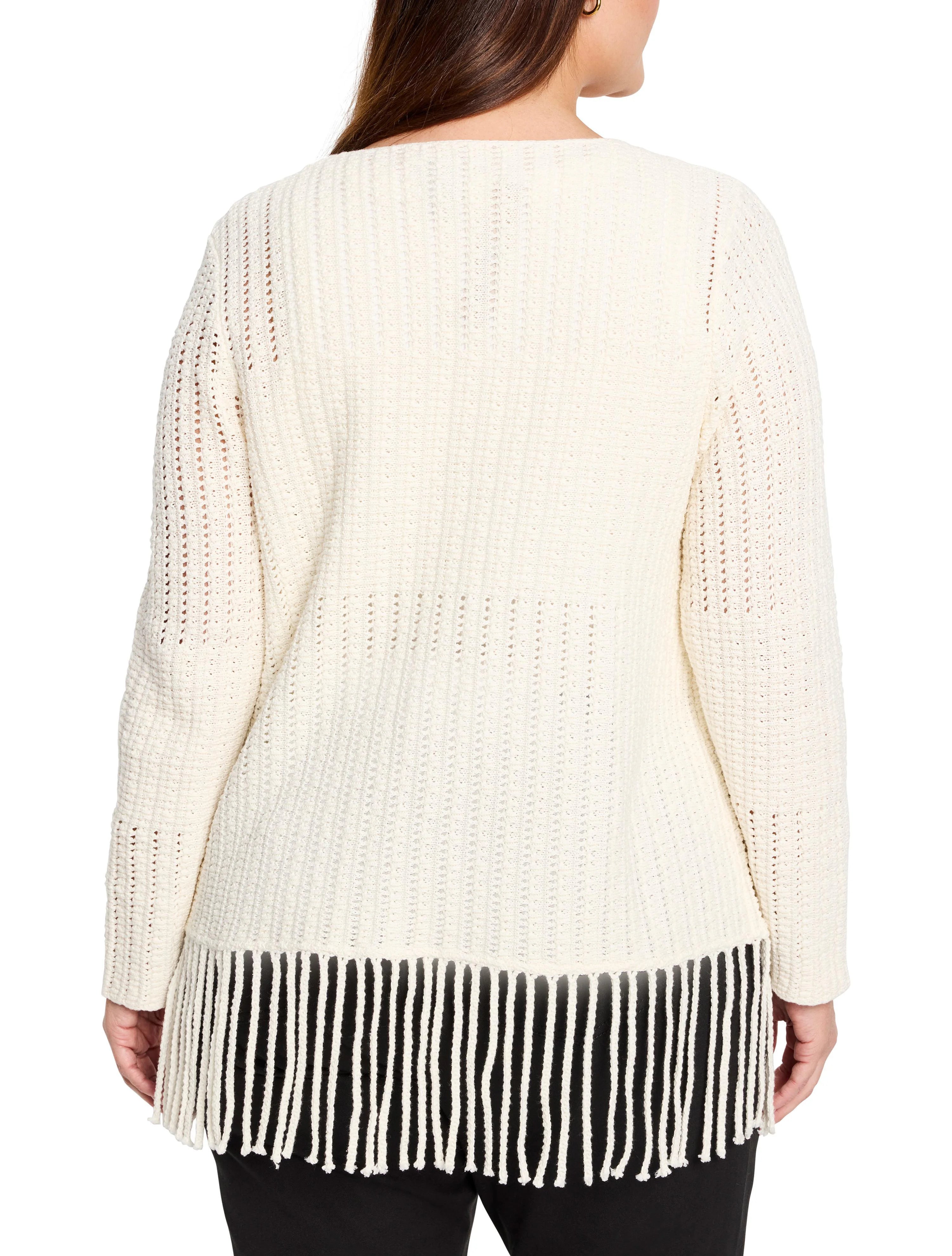 Off-white open-knit sweater with fringe bottom.  Long sleeves.