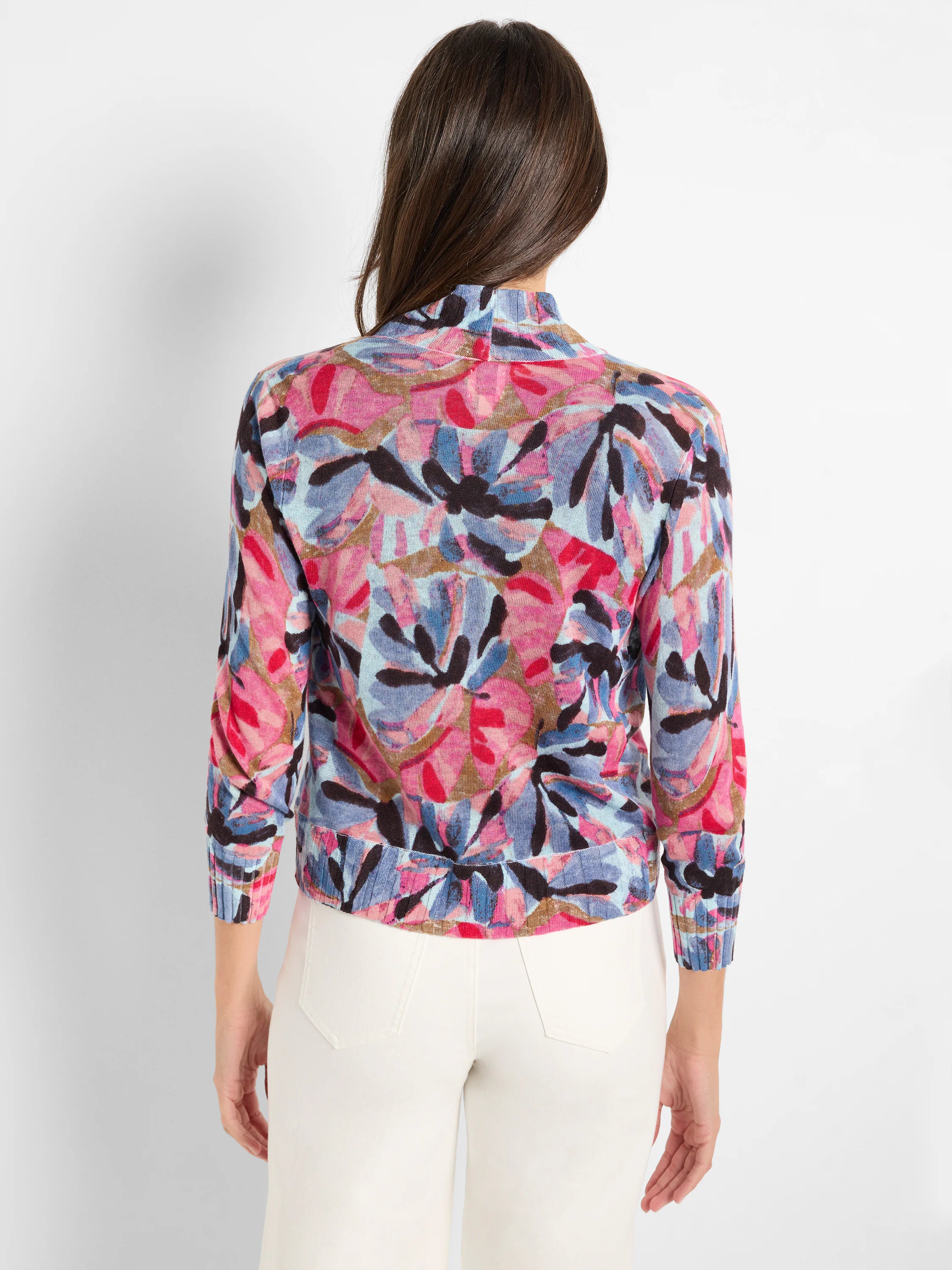 Pink, blue, and brown abstract floral print bolero cardigan.  Three-quarter sleeves, ribbed cuffs.