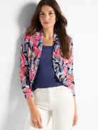 Pink, blue, and brown abstract floral print bolero cardigan;  3/4 sleeves, open front.