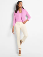 Bright pink lightweight knit bolero cardigan with 3/4 sleeves and an open, draped front.