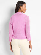 Pink, lightweight bolero cardigan with a mock neck, 3/4 sleeves, and ribbed cuffs and hem.