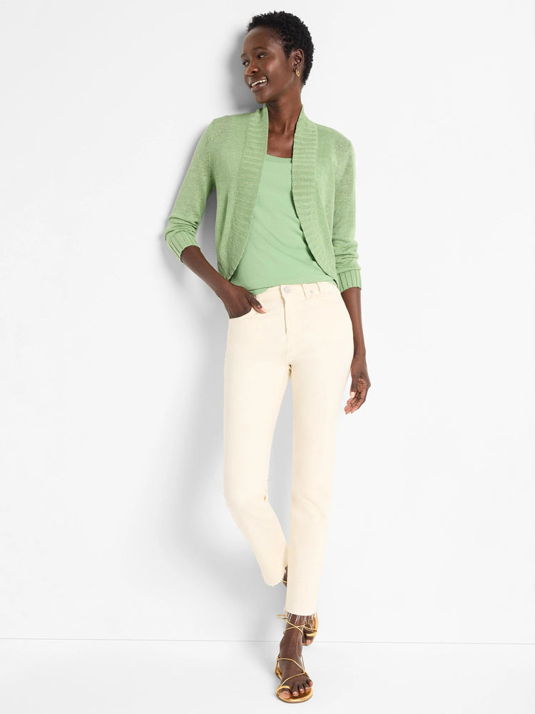 Light green bolero cardigan with a textured shawl collar, open front, and 3/4 length sleeves.