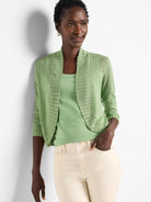 Pale green bolero cardigan with 3/4 sleeves, open front, and ribbed shawl collar & cuffs.