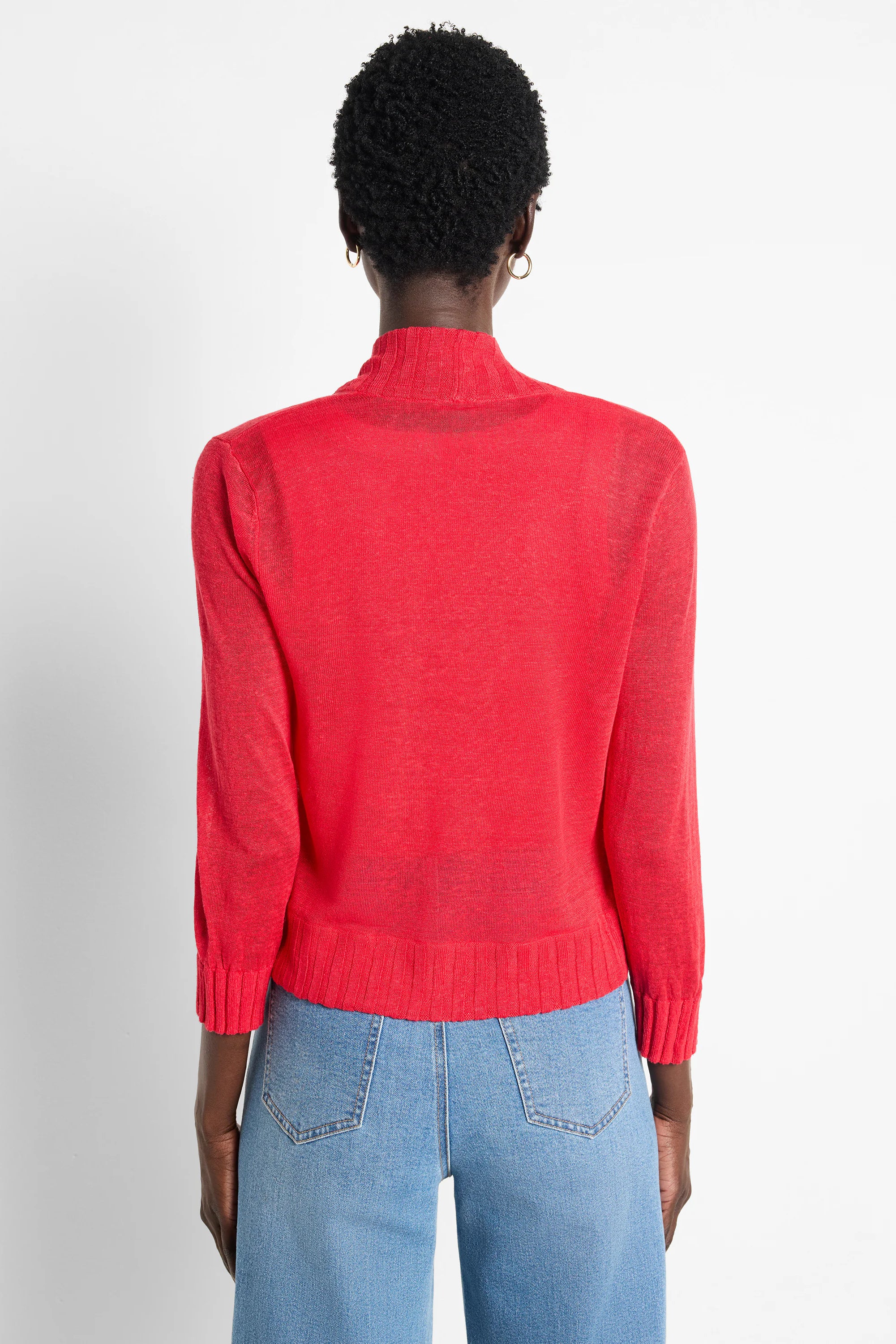 Red knit bolero cardigan, mock neck, 3/4 sleeves, ribbed hem, cropped, shown from back.