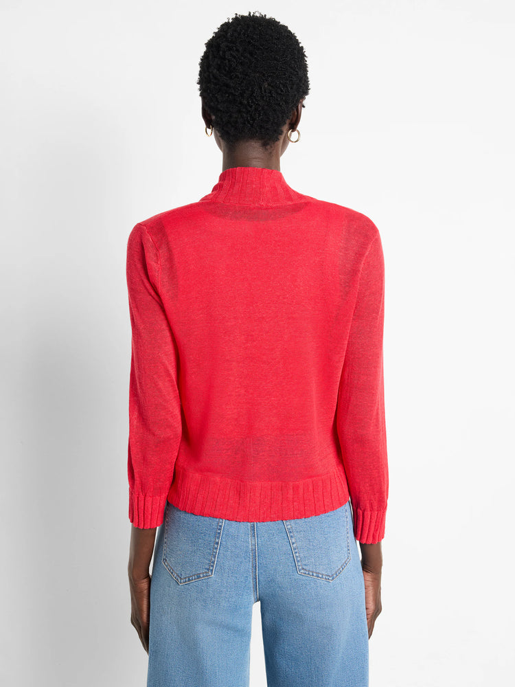 Red knit bolero cardigan, mock neck, 3/4 sleeves, ribbed hem, cropped, shown from back.