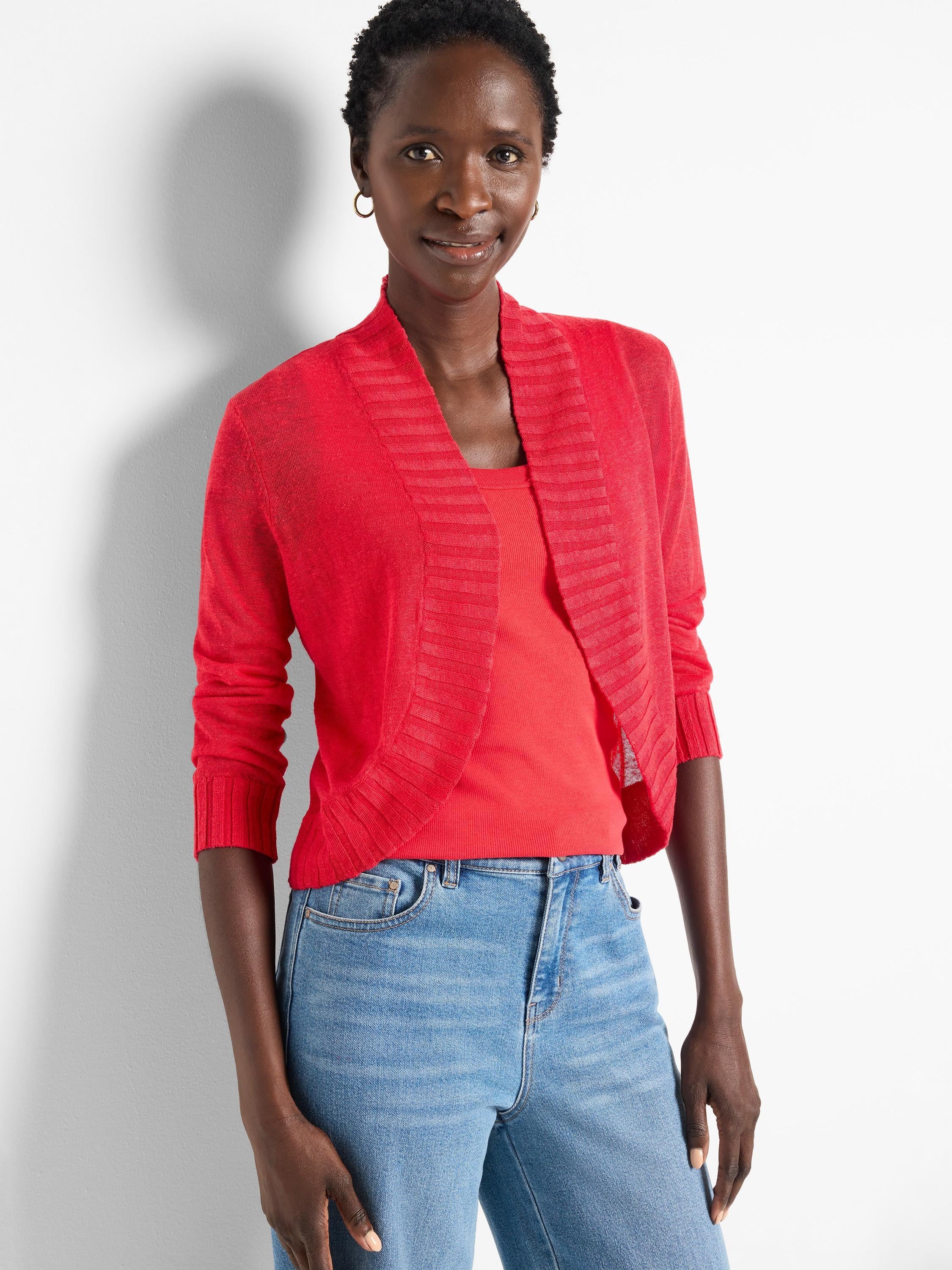 Bright red bolero cardigan with an open front, ribbed shawl collar, and 3/4 sleeves.