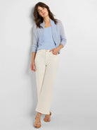 Light blue bolero cardigan with an open front and 3/4 sleeves, featuring a lightweight knit texture.