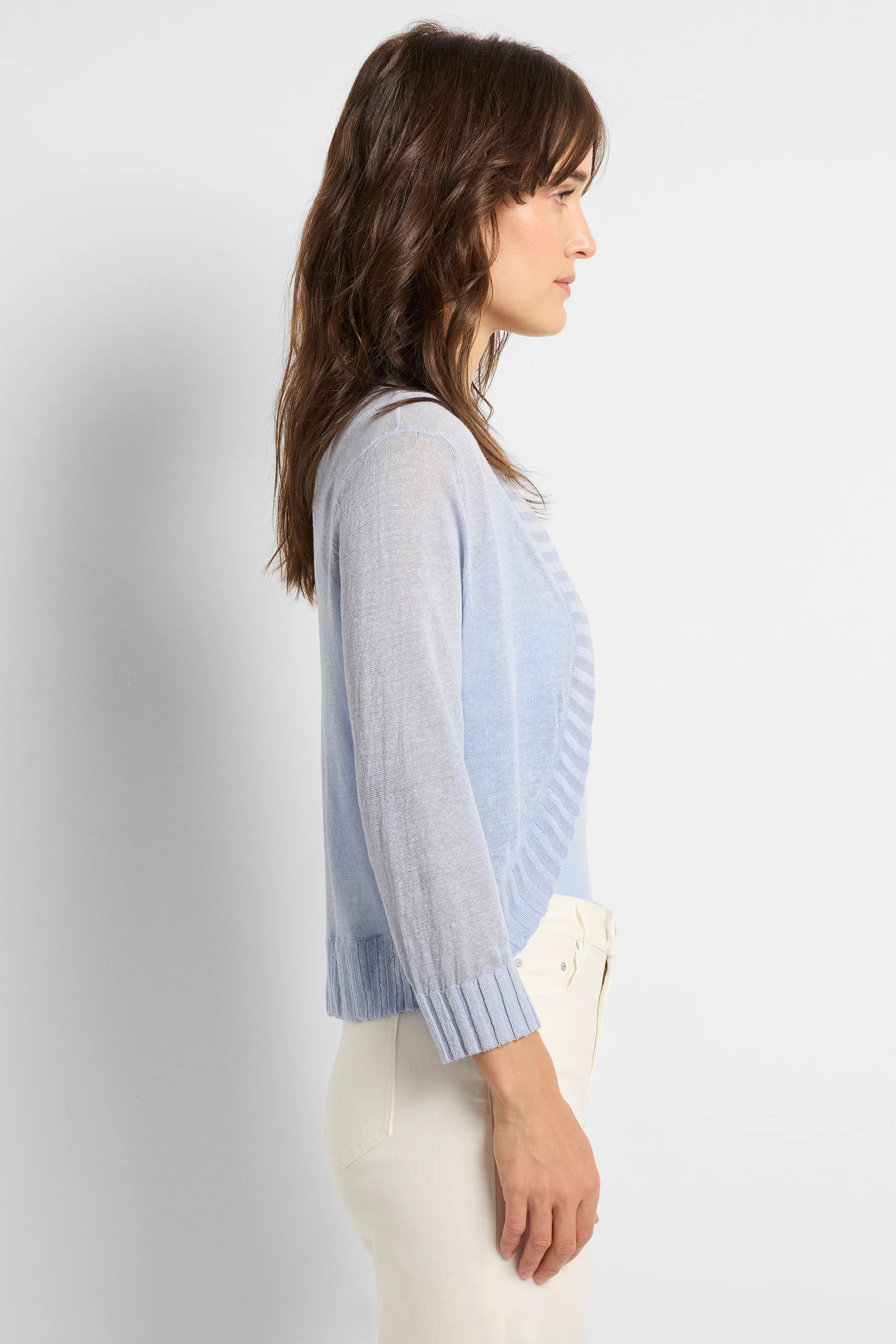 Light blue bolero cardigan with open front, long sleeves, and ribbed edges. Lightweight, sheer knit.