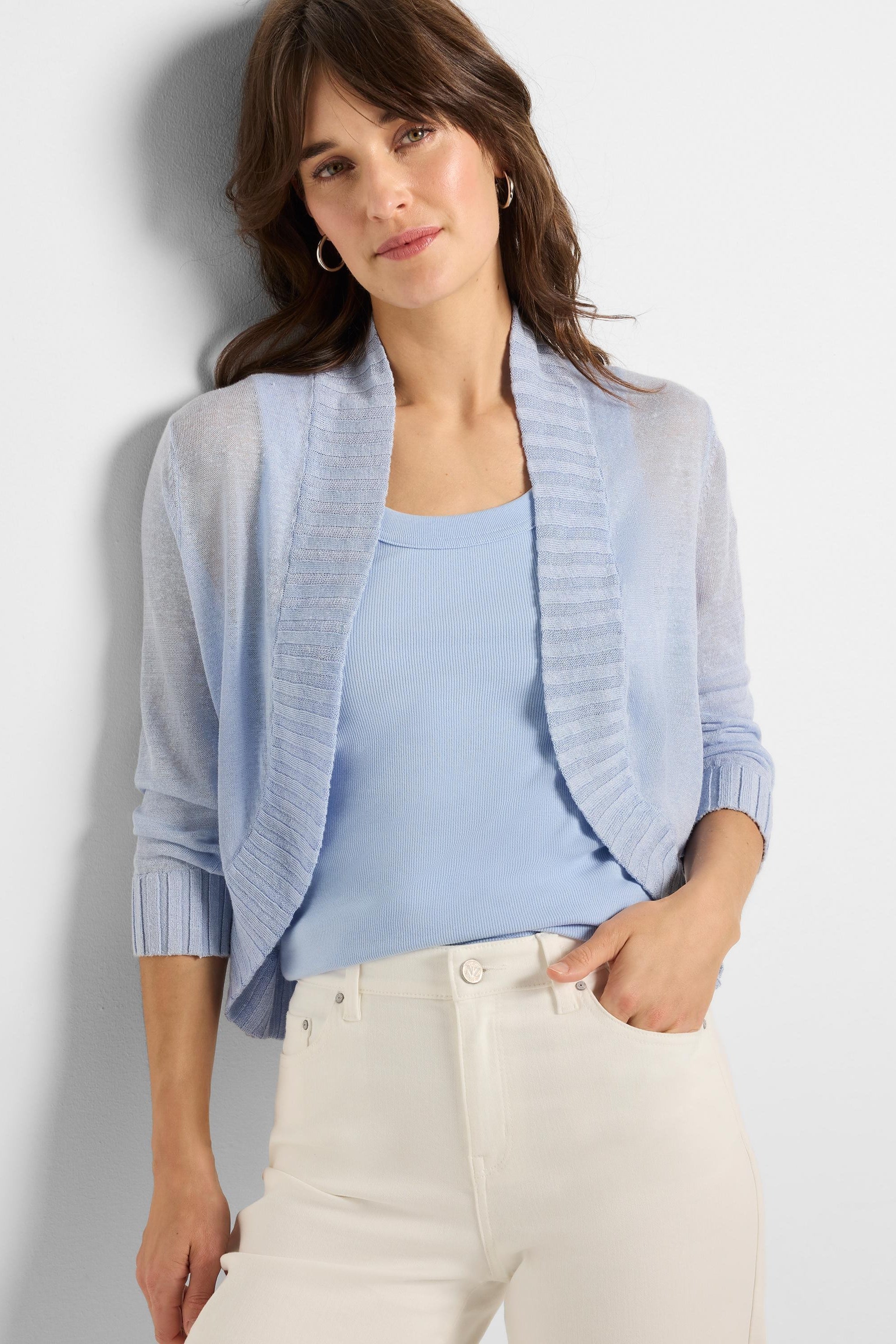 Light blue sheer knit bolero cardigan, open front, with a ribbed shawl collar and ribbed cuffs.
