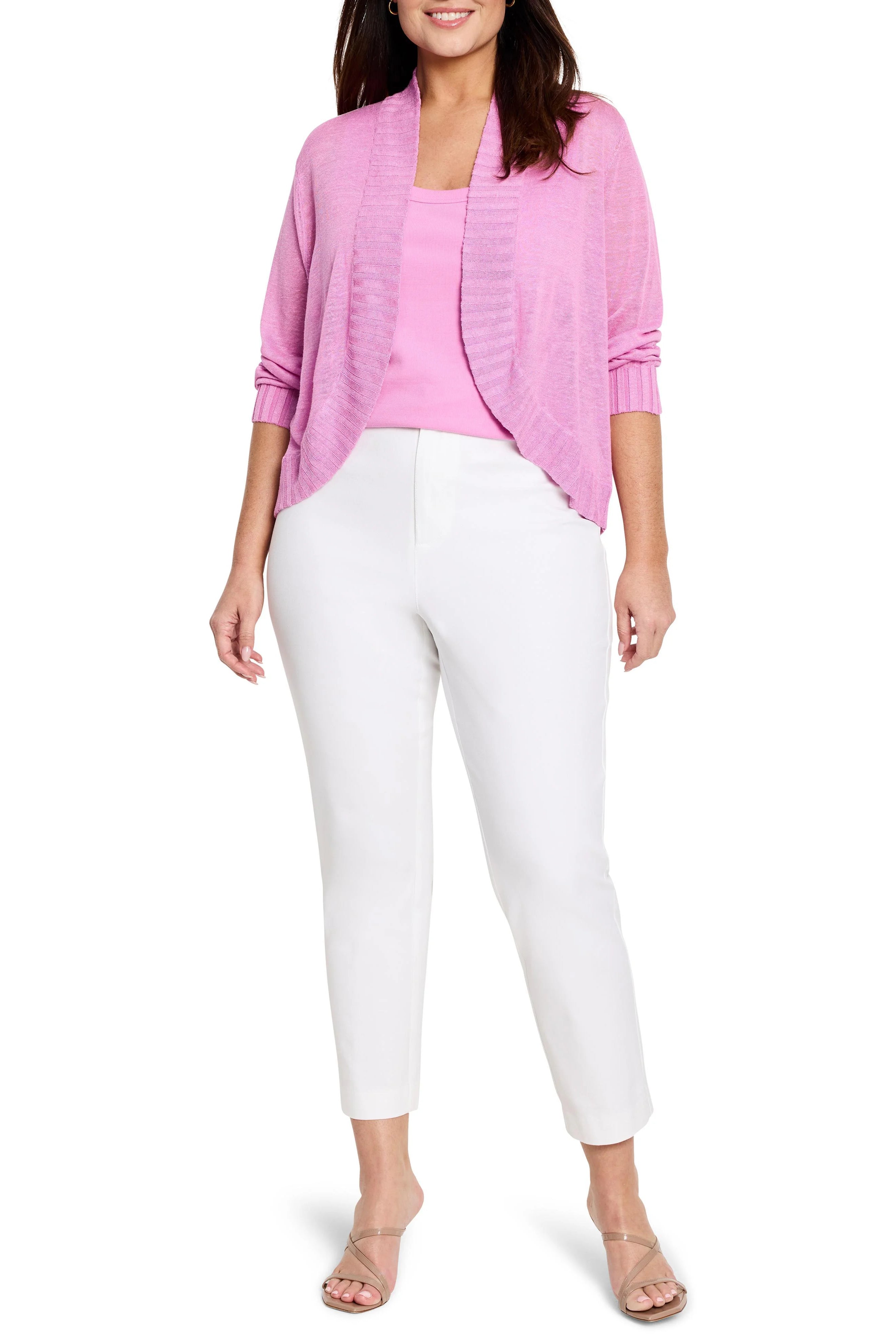 Pink bolero cardigan featuring an open front, lightweight knit, and ribbed cuffs.