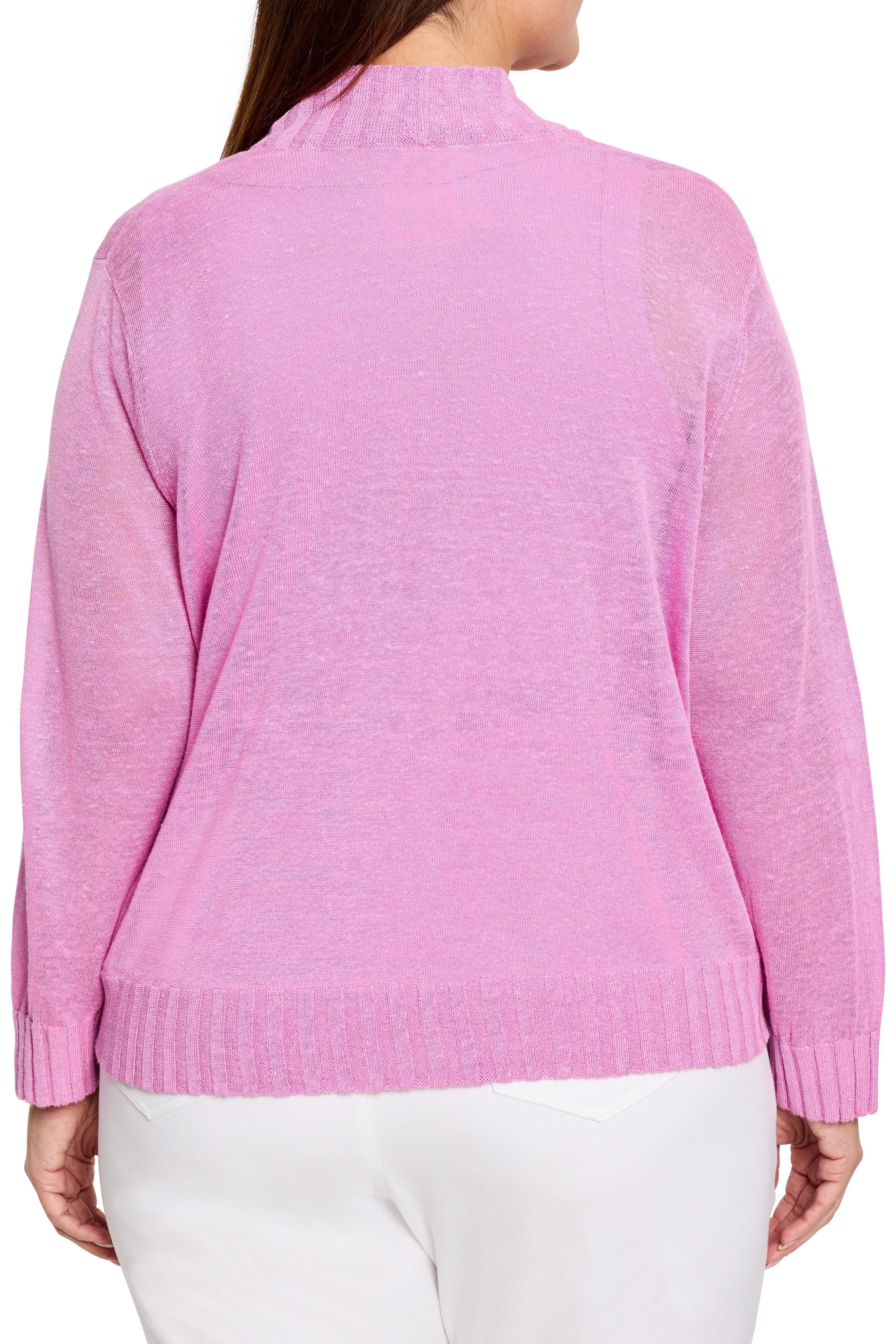 Light pink fine knit bolero cardigan, back view. Features ribbed mock neck, cuffs, and hem. Slightly sheer fabric.