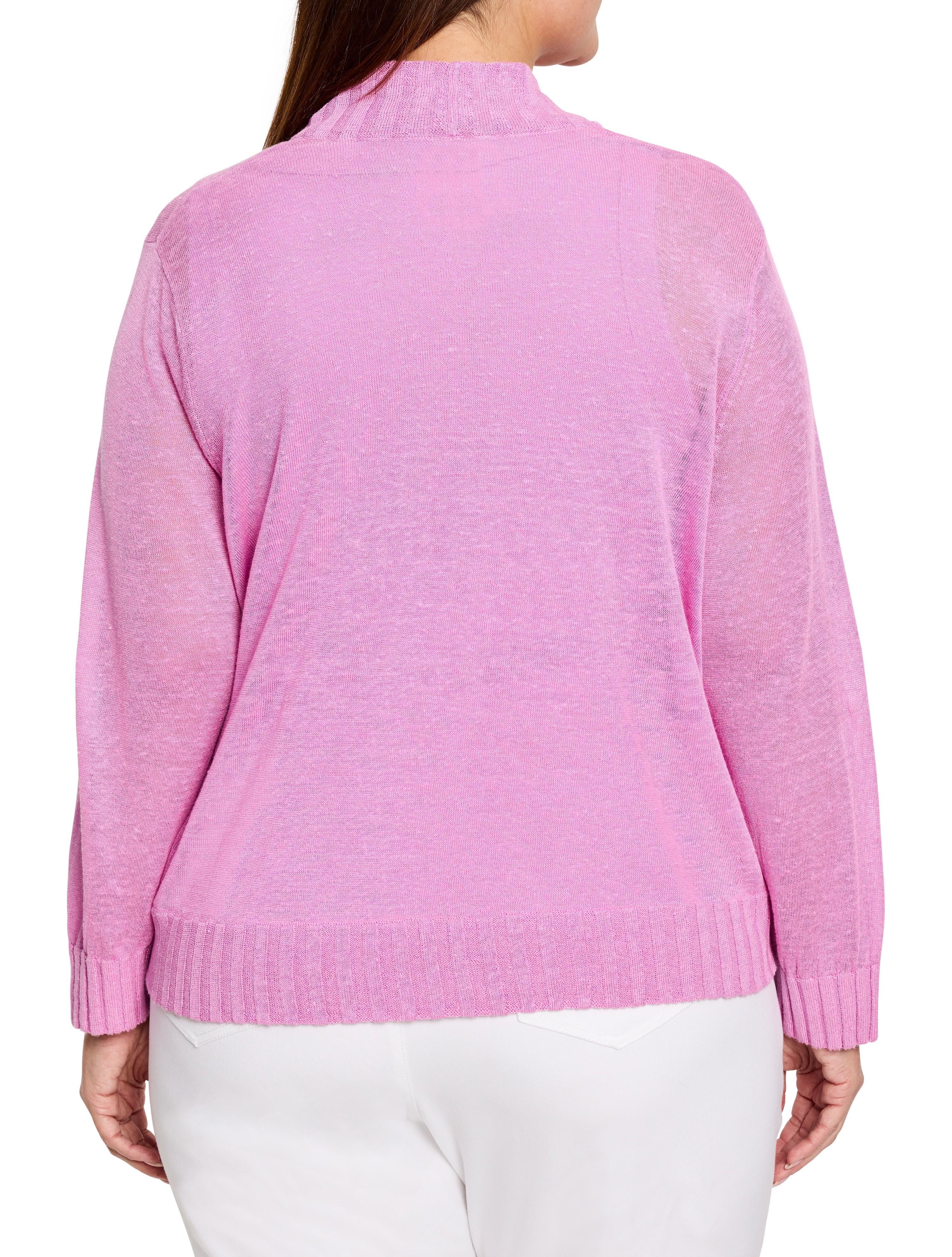 Light pink fine knit bolero cardigan, back view. Features ribbed mock neck, cuffs, and hem. Slightly sheer fabric.