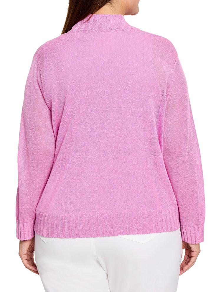Light pink fine knit bolero cardigan, back view. Features ribbed mock neck, cuffs, and hem. Slightly sheer fabric.