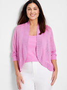 Pink bolero cardigan. Open front, cropped length, lightweight knit, long sleeves with ribbed cuffs.