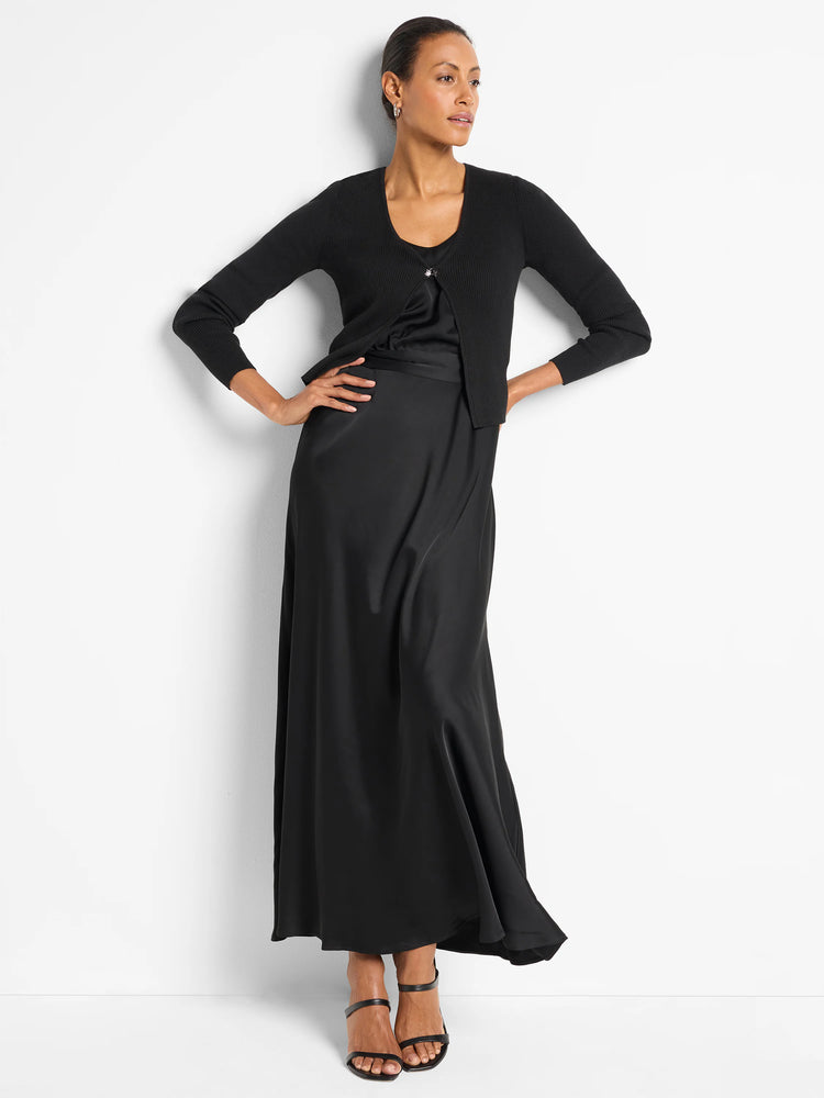 Black ribbed V-neck cardigan with long sleeves and a single front button closure.