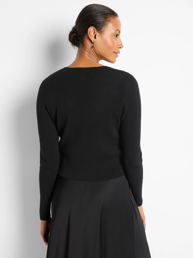 Black ribbed knit cardigan with long sleeves, a boat neck, and a fitted waist-length hem.