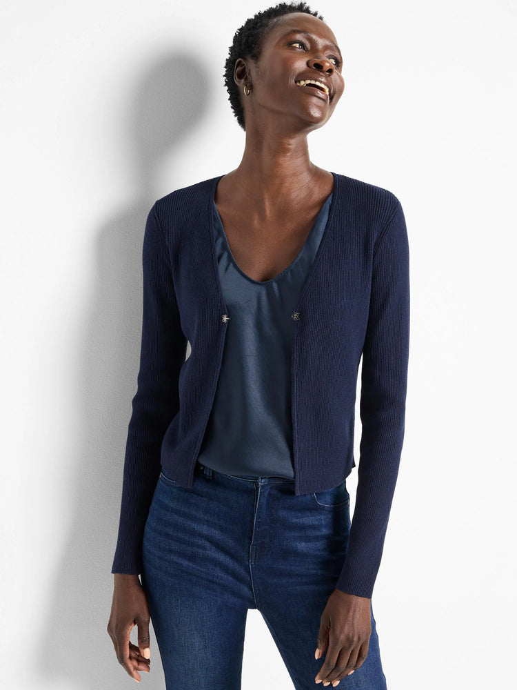 Dark navy blue ribbed knit cardigan with long sleeves and an open front, featuring two decorative clasps.