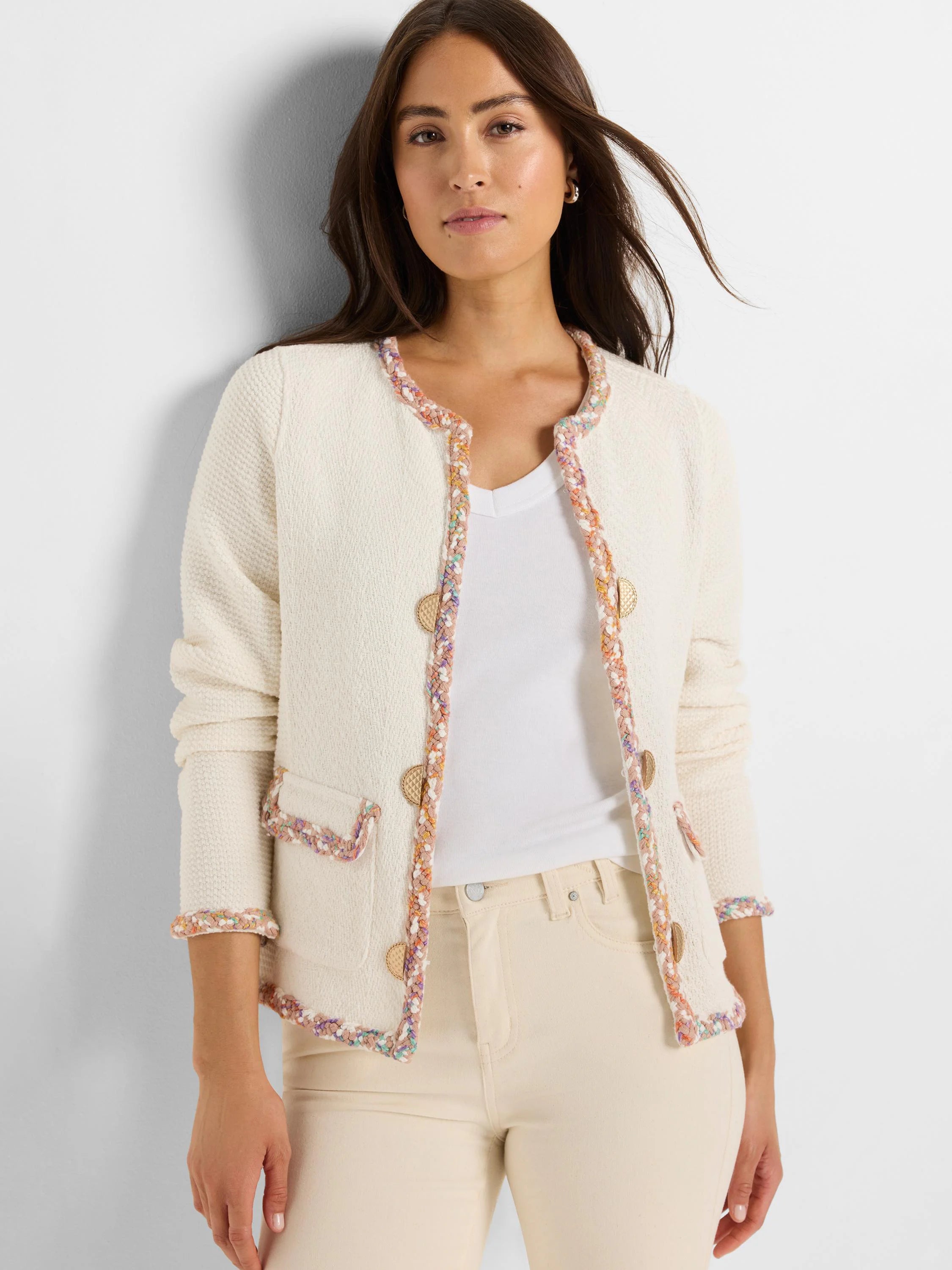 Off-white knit jacket with multicolored trim, gold buttons, and patch pockets.