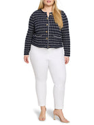 Navy & white grid knit sweater jacket with white contrast trim, gold buttons, and faux flap pockets.