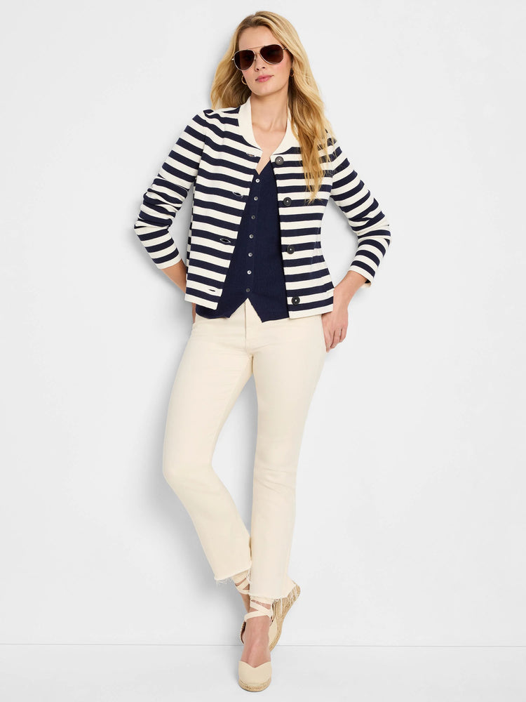 Navy blue and off-white striped knit bomber jacket. Button front. Three-quarter sleeves.