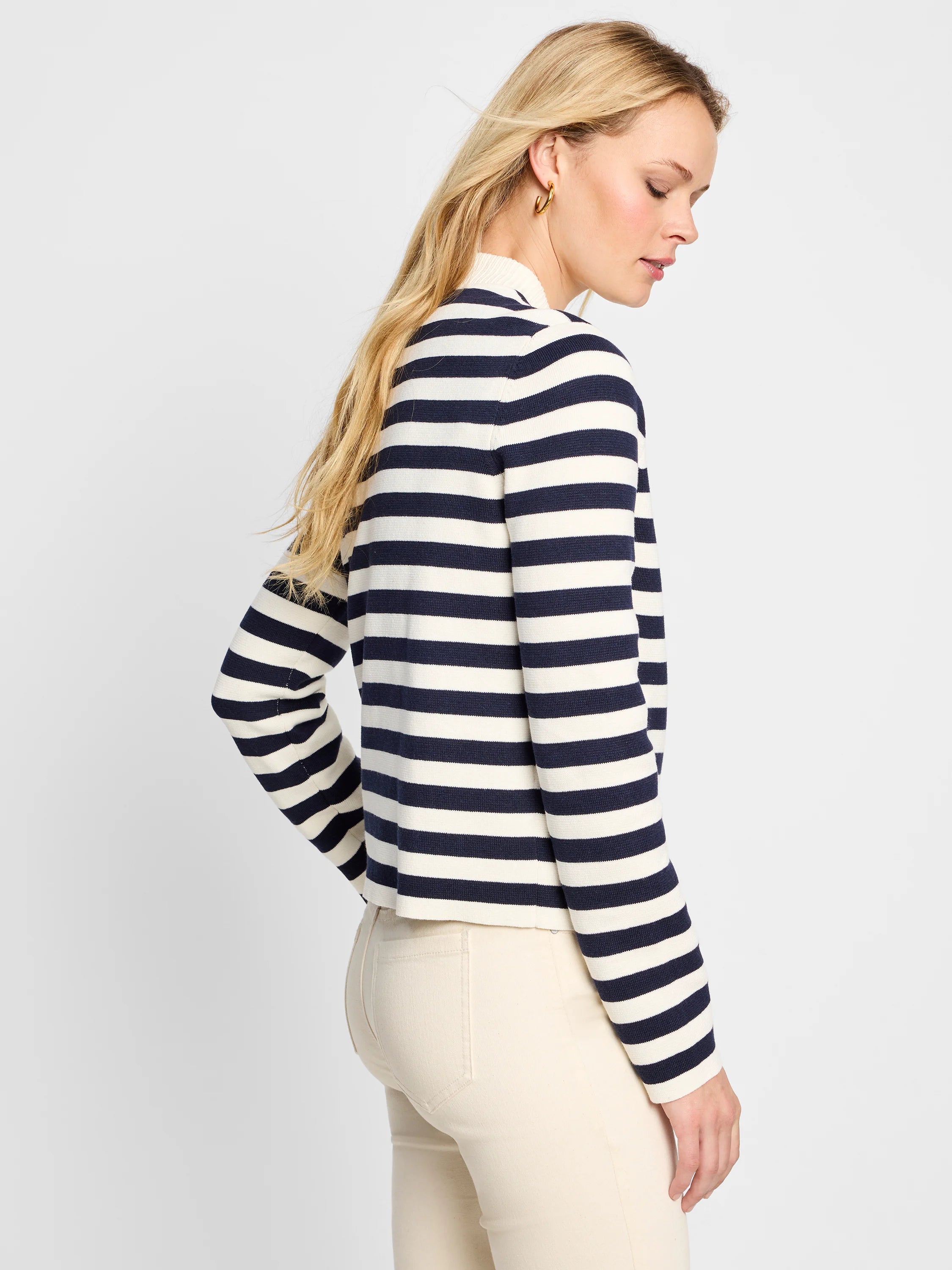 Here's alt text under 125 characters:
"Navy and off-white striped knit bomber jacket. Long sleeves, cropped length.
