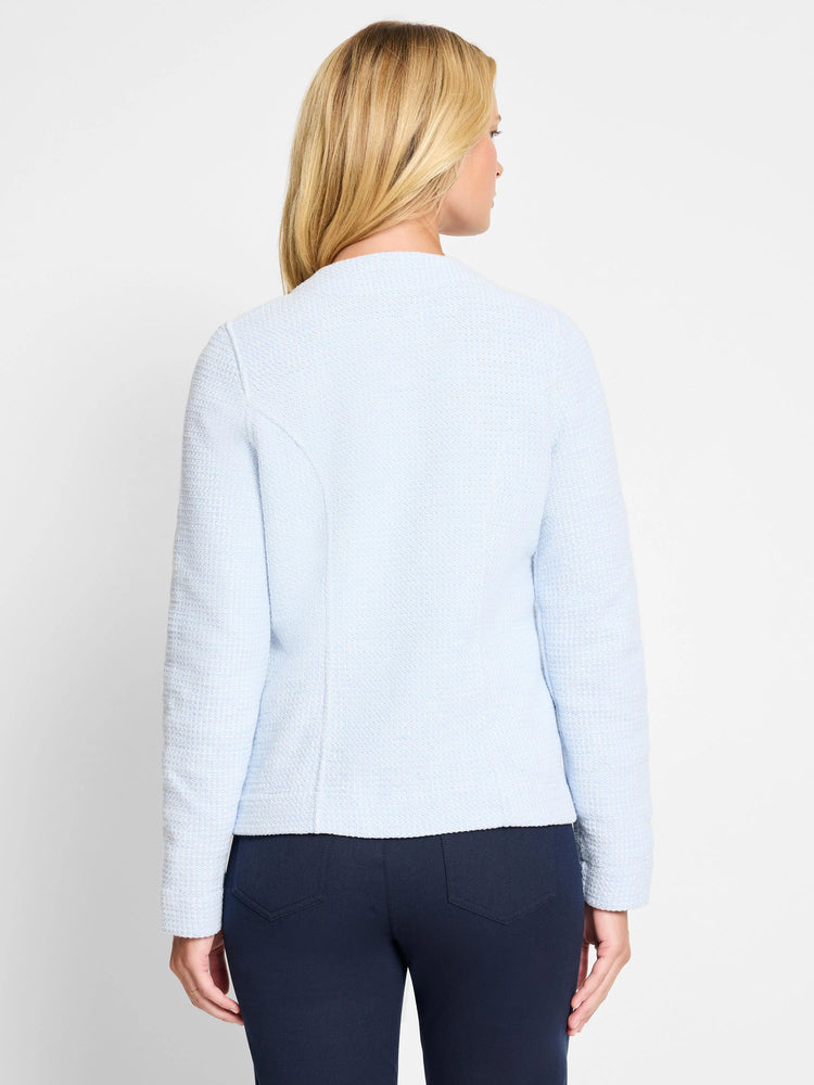 Light blue weave mix knit jacket shown from the back.