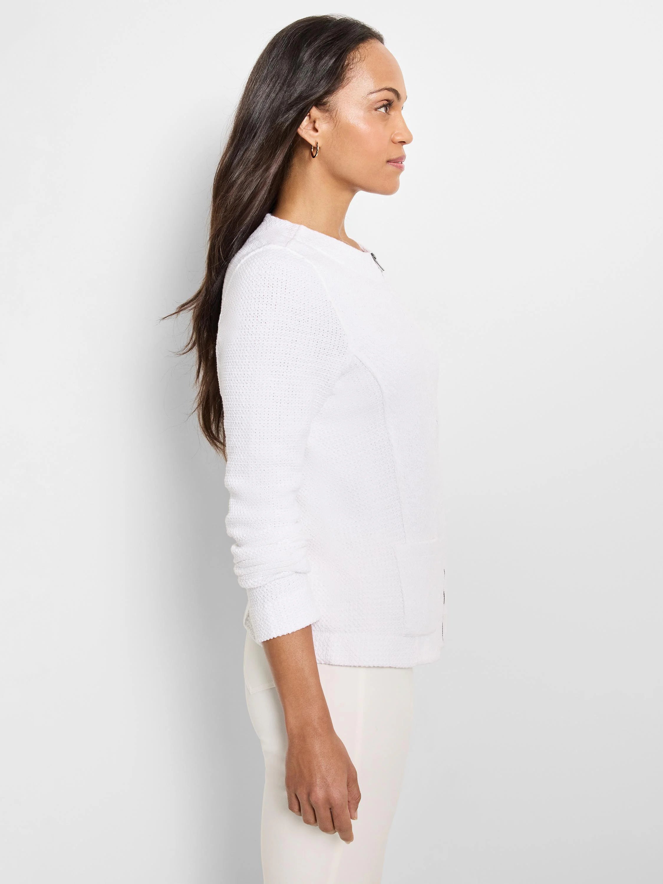 White textured weave knit zip jacket with side pockets.