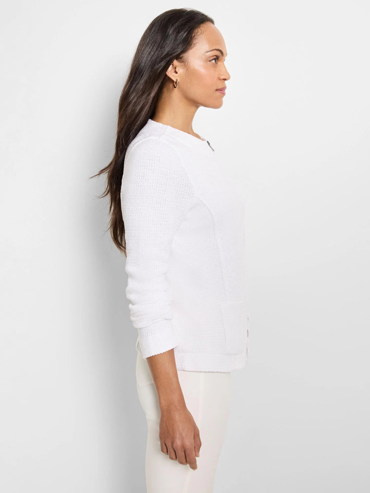 White textured weave knit zip jacket with side pockets.