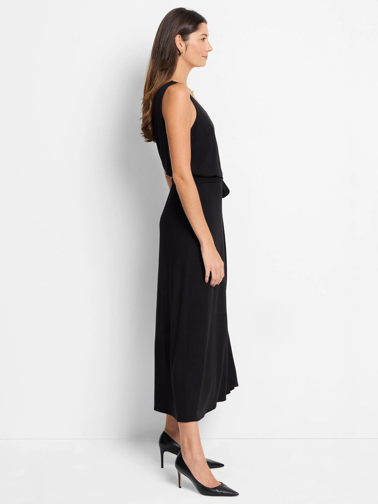 Black sleeveless midi dress with a self-tie belt.