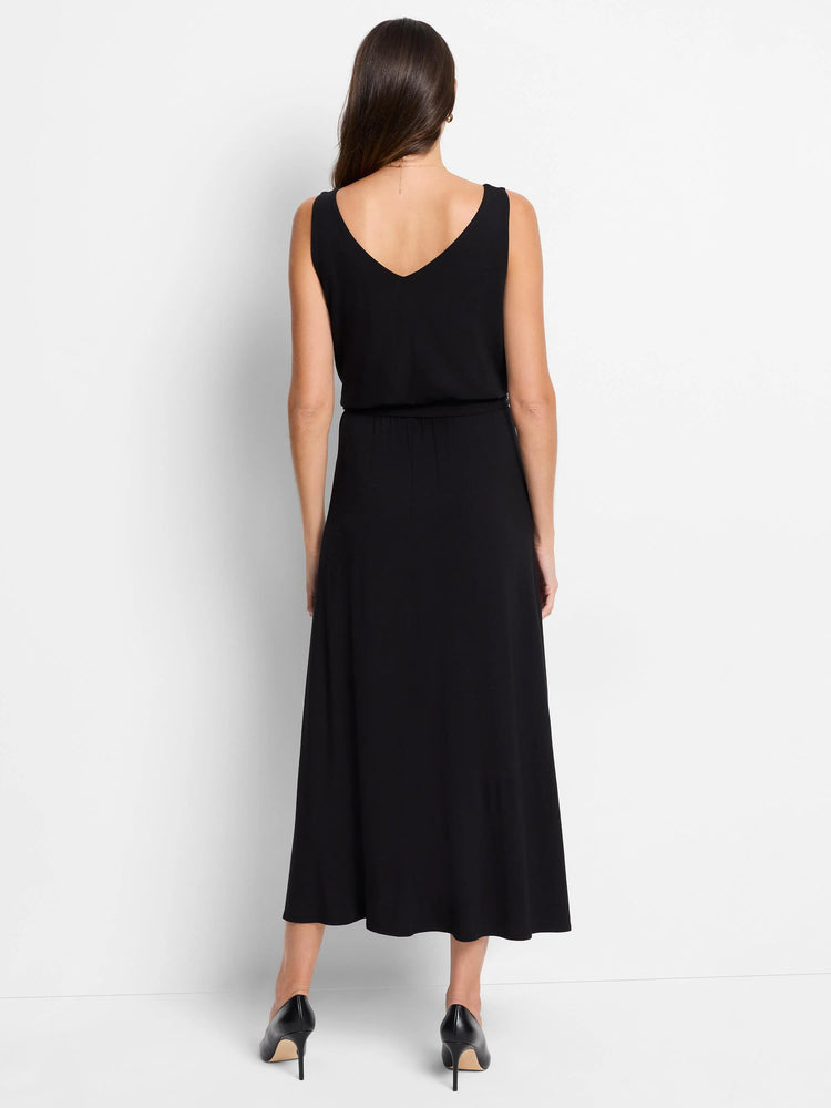 Black midi dress, sleeveless, V-neck, and fitted waist. A-line skirt.