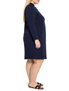 Navy blue, long-sleeved knit dress, knee-length, mock neck.