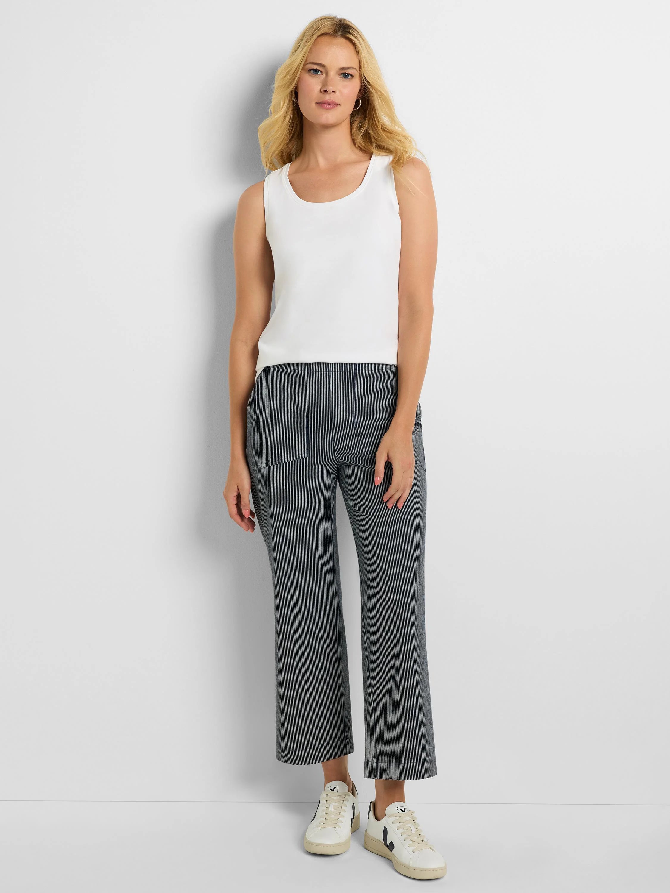 Dark gray wide-leg jeans with thin white vertical stripes, cropped length.