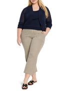 Beige wide-leg jeans with fine black vertical stripes, cropped length. Features a seamed front and side pockets.