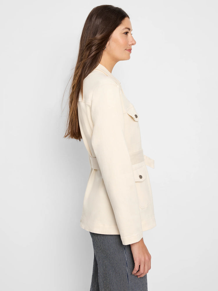Off-white belted utility jacket with pockets and long sleeves. The buttons are dark brown.