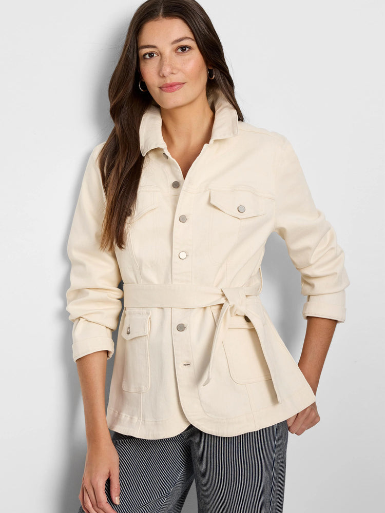 Off-white denim jacket with self-tie belt, front pockets, and button closure. Long sleeves.