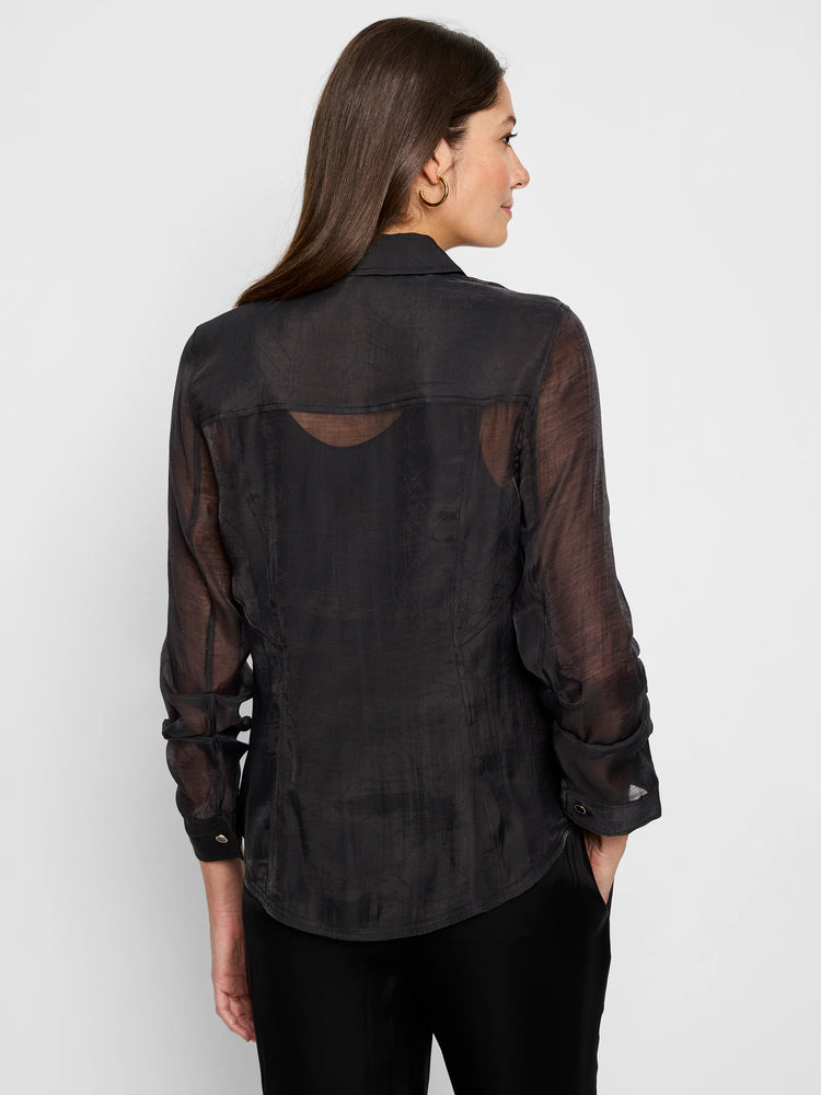 Black, semi-sheer, long-sleeve button-up jacket. Slightly wrinkled texture. Back view shown.
