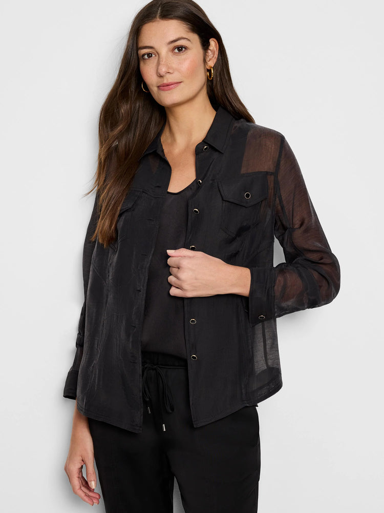 Black sheer button-up jacket with front pockets and gold buttons. Long sleeves.