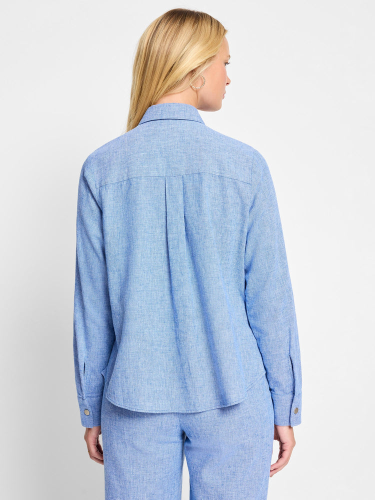Here's alt text under 125 characters:
Light blue, textured shirt jacket, long sleeves, button cuffs, collared. Shown...