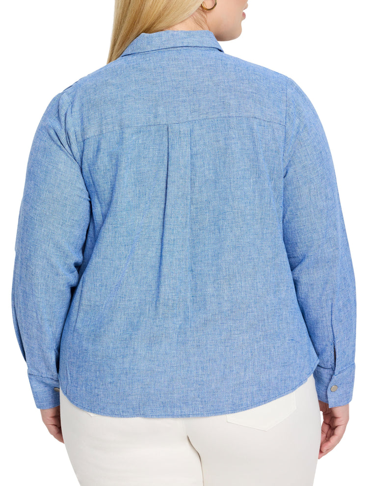 Light blue, textured shirt jacket; long sleeves, collared. Back view.
