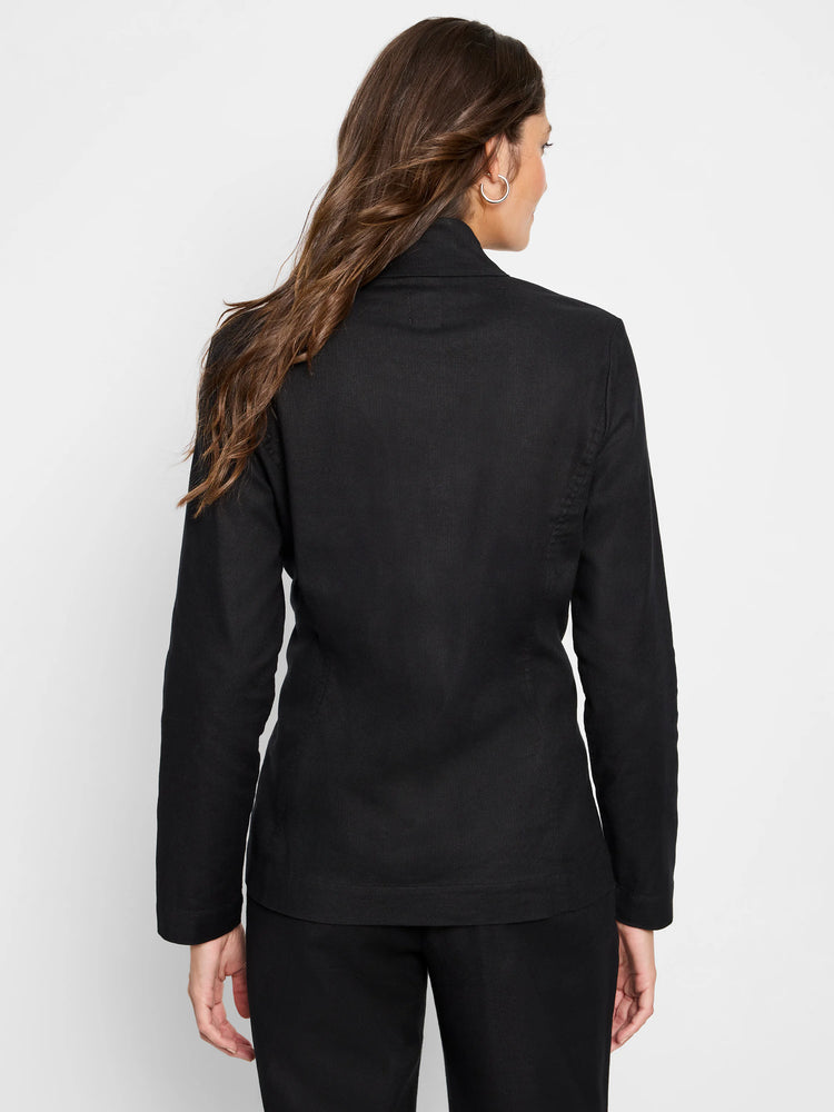 Black linen-cotton blazer, long sleeves, collared. Rear view.