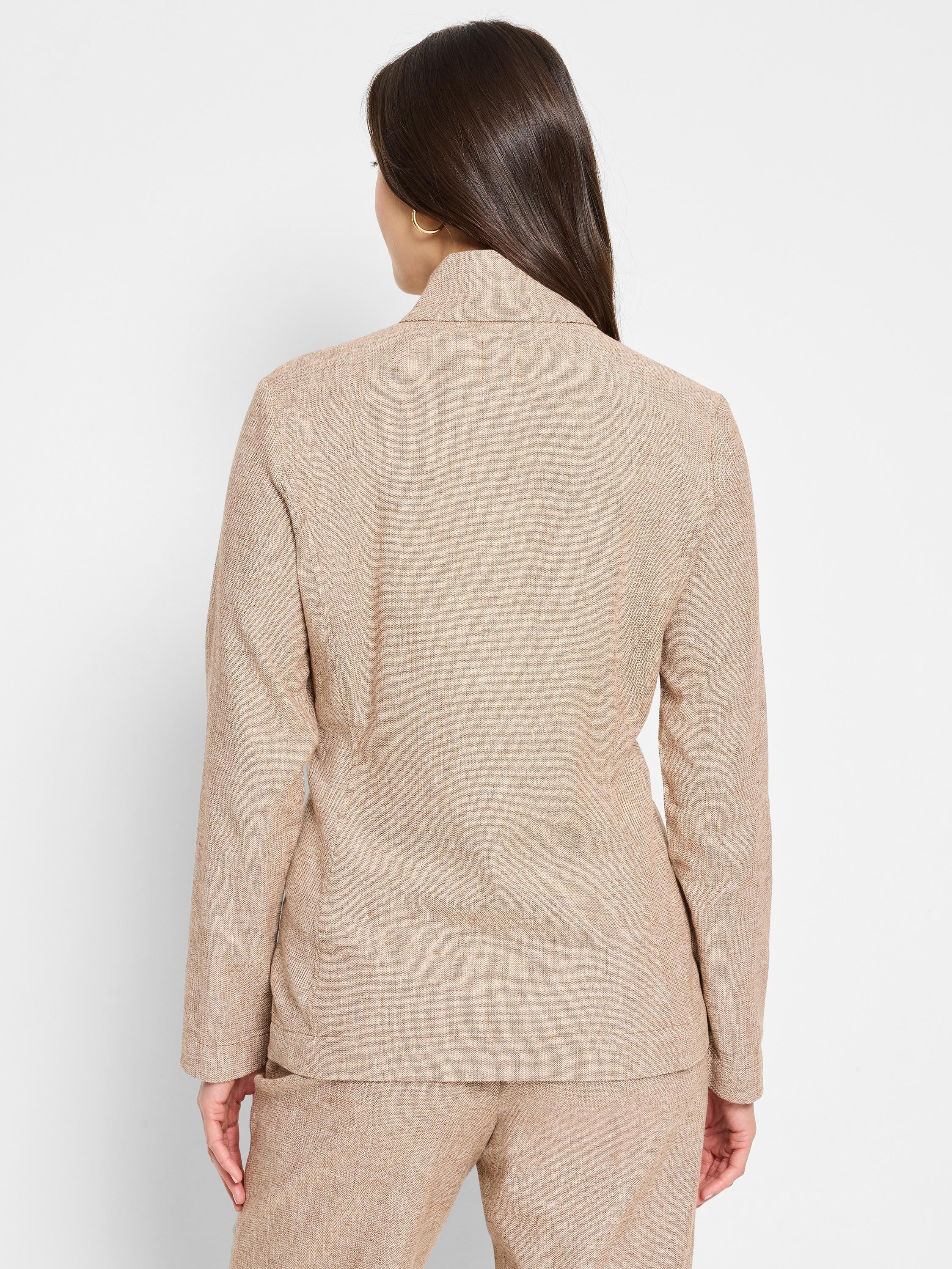Beige linen-cotton blazer, long sleeves, collared.  Textured fabric. Shown from the back.