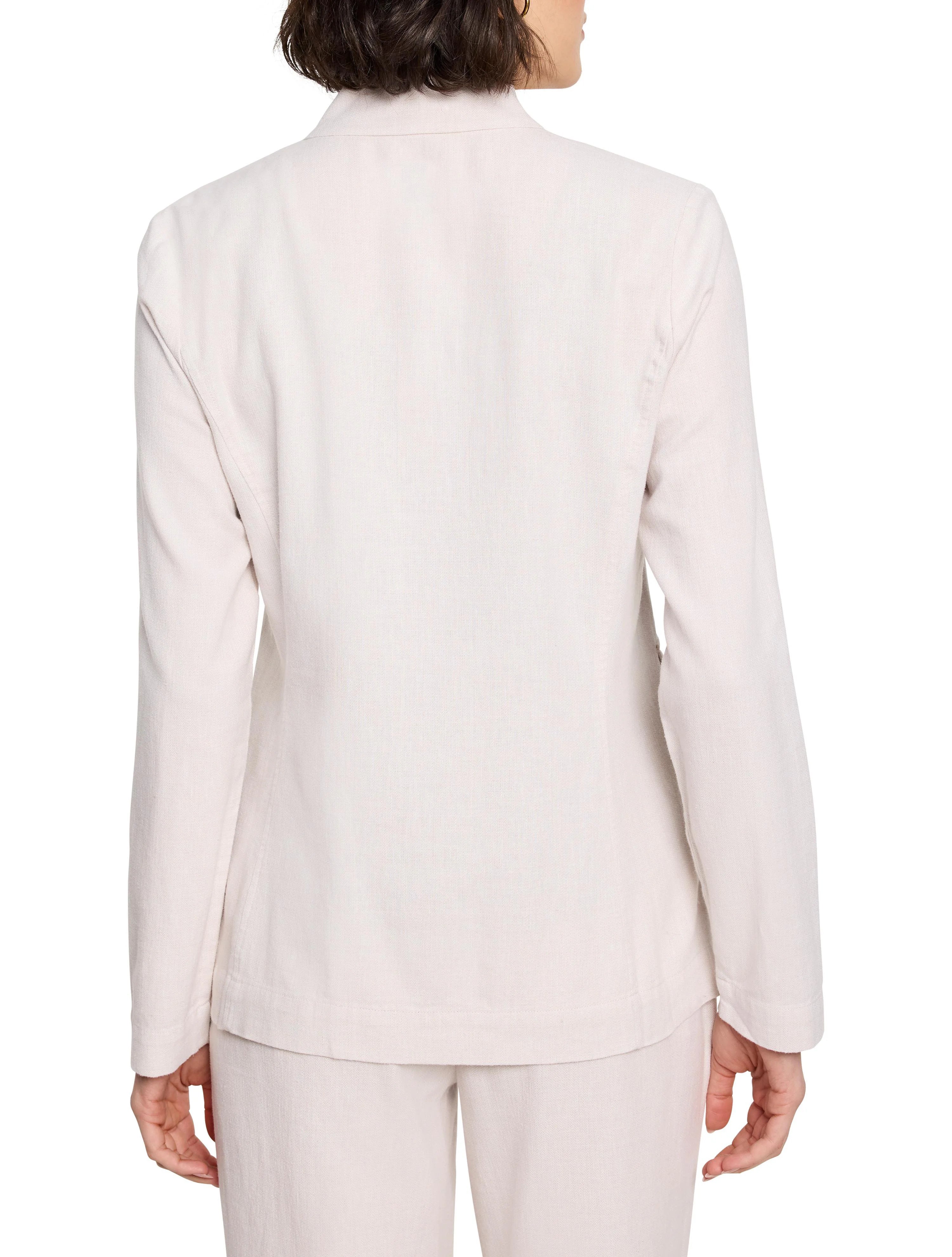 Off-white linen-cotton blazer, long sleeves, collared, shown from the back.