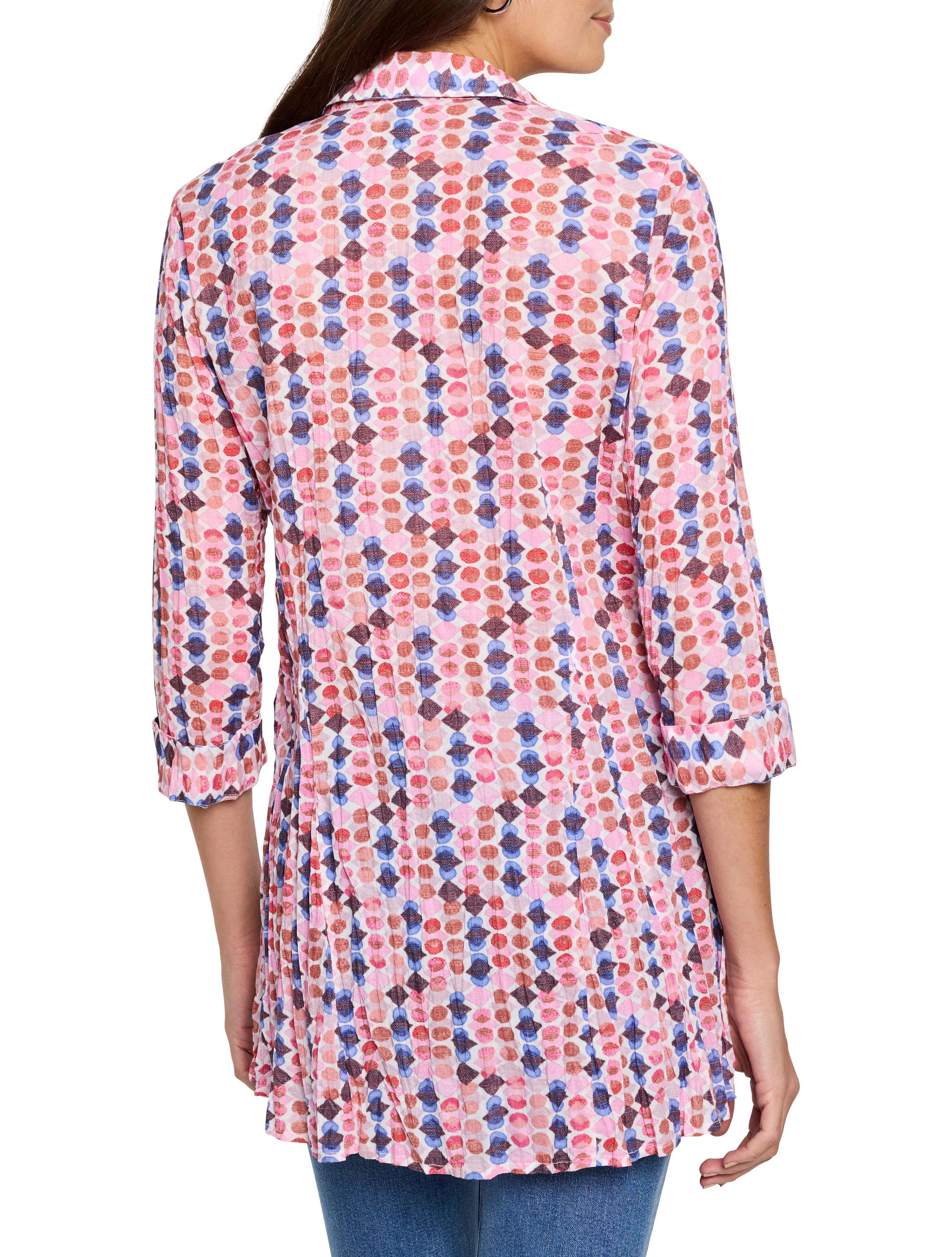Crinkle shirt with pink, red, brown, and blue abstract print. Three-quarter sleeves, collared. A-line shape.