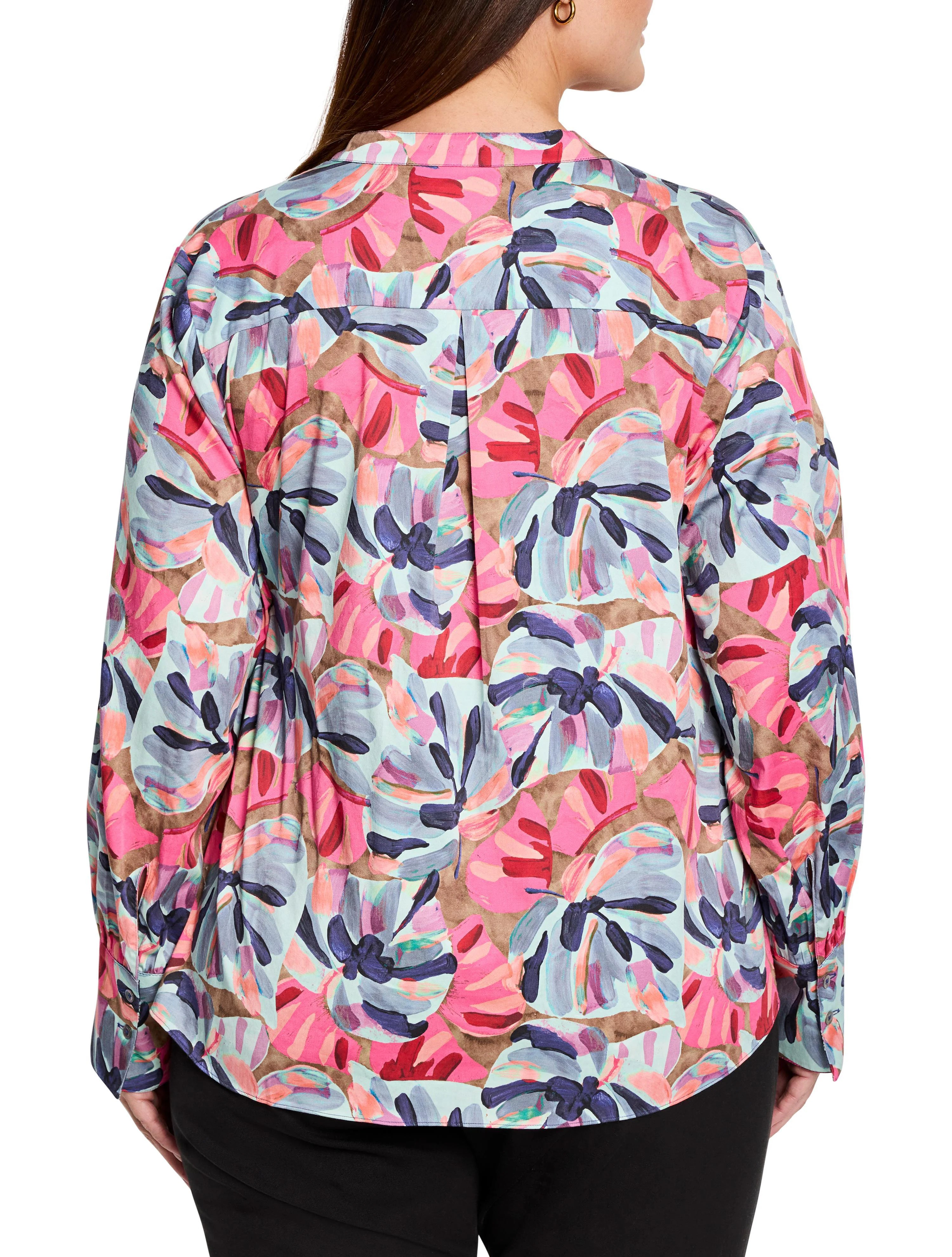 Pink, teal, and mauve floral print woven top with long sleeves and button placket. Back view.