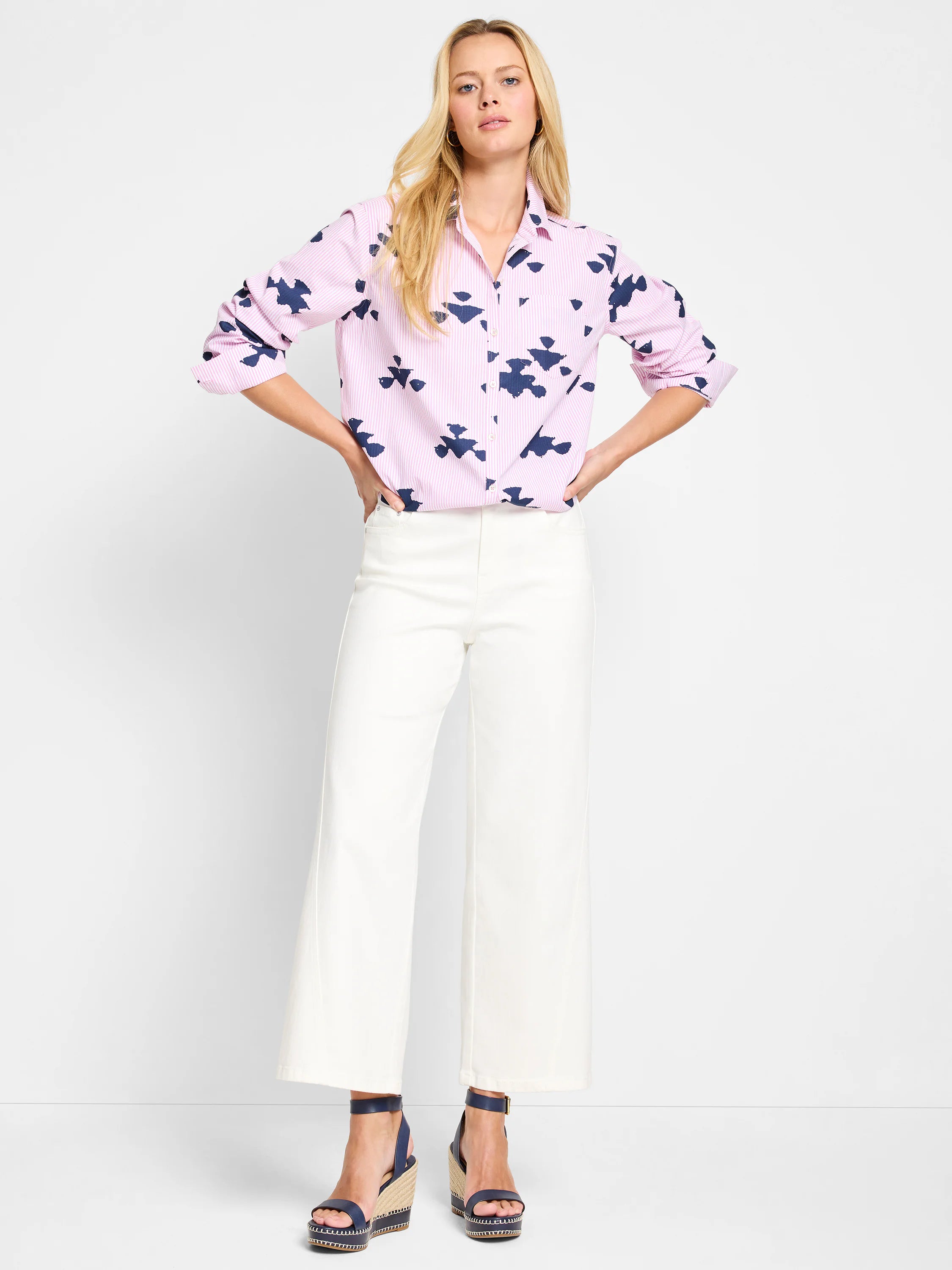 Pink & navy shirt with thin stripes and irregular dark blue stamped pattern.  Long sleeves, button-down collar.